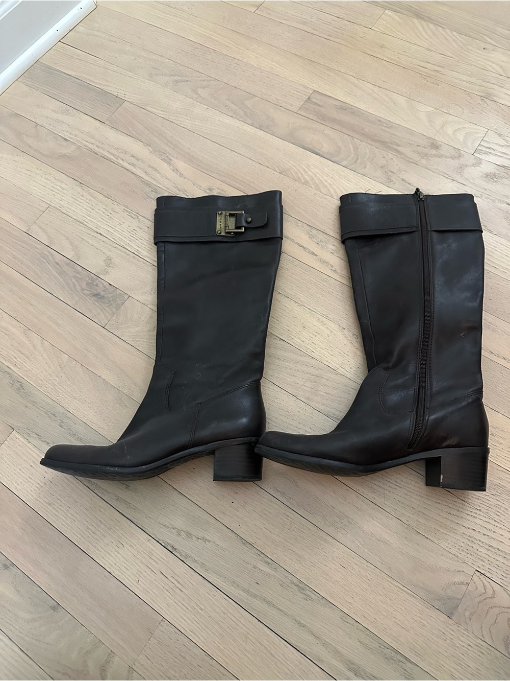 Tahari Black Leather Knee-High Heeled Boots with Buckle Strap